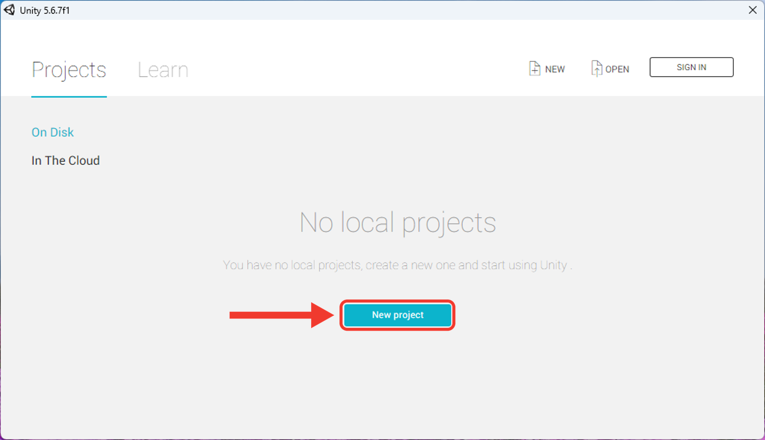 Lista de projetos do Unity vazia, com a mensagem No local projects. Uma seta e uma moldura vermelha destacam o botão New project