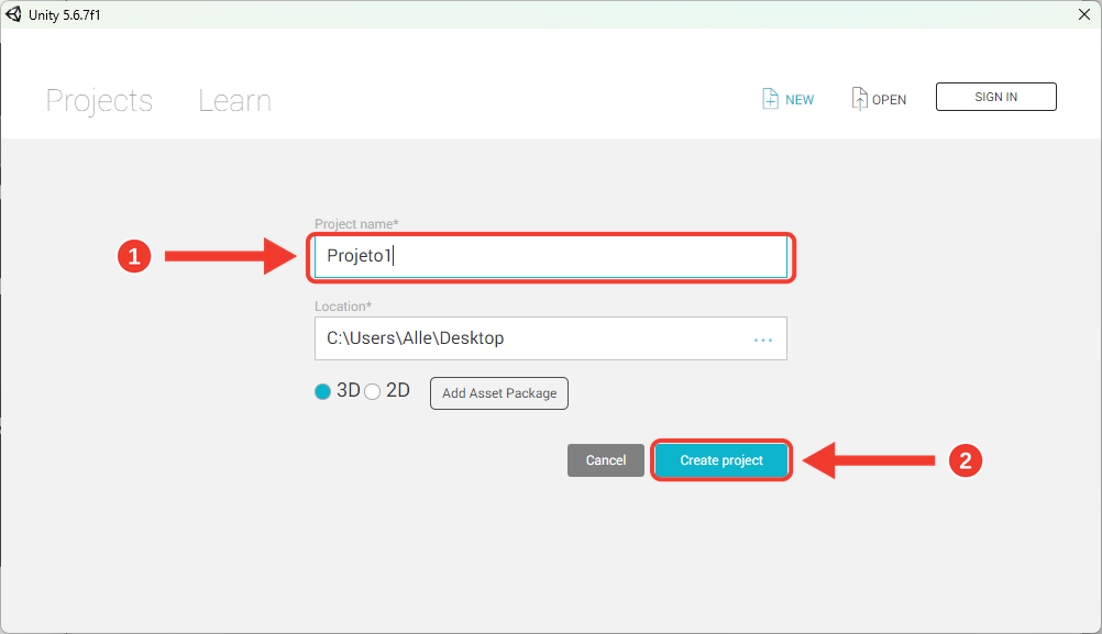 Tela de criação de projeto com o campo Project name preenchido com Projeto1, o campo Location, as opções 3D e 2D e o botão Create project. Setas e molduras vermelhas numeradas destacam o campo Project name (1) e o botão Create project (2)