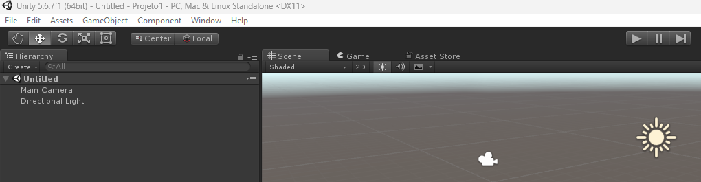 Janela do Unity com o projeto Projeto1 aberto, mostrando a parte de cima: título, barra de ferramentas, Hierarchy com Main Camera e Directional Light, e a Scene