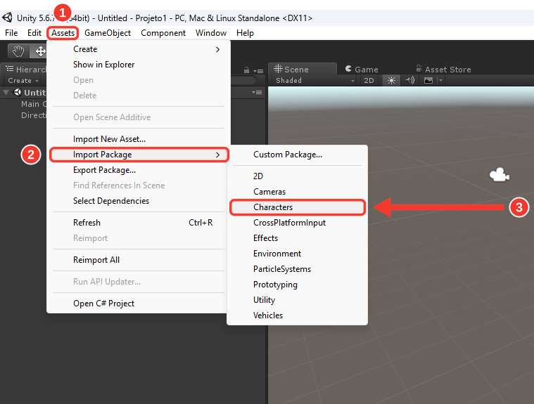 Menu Assets aberto no Unity, com o submenu Import Package à direita. Marcações vermelhas numeradas destacam Assets (1), Import Package (2) e Characters (3)