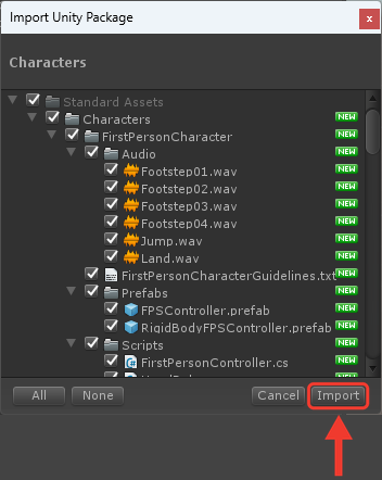 Janela Import Unity Package com a lista de arquivos do pacote Characters, todos marcados. Uma moldura e uma seta vermelhas destacam o botão Import, no canto inferior direito