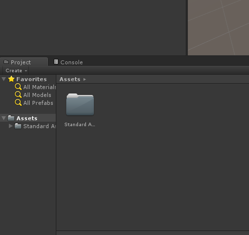 Painel Project do Unity mostrando a pasta Assets com a pasta Standard Assets dentro, na lista da esquerda e na área de conteúdo
