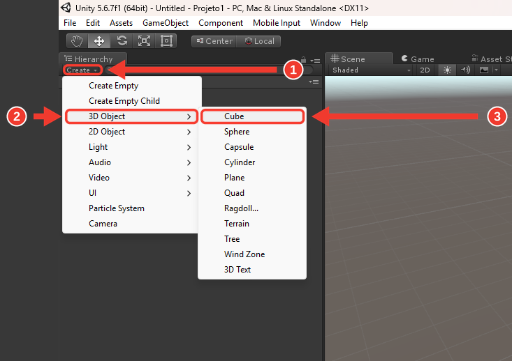 Menu Create do painel Hierarchy aberto, com o submenu 3D Object à direita. Marcações vermelhas numeradas destacam Create (1), 3D Object (2) e Cube (3)