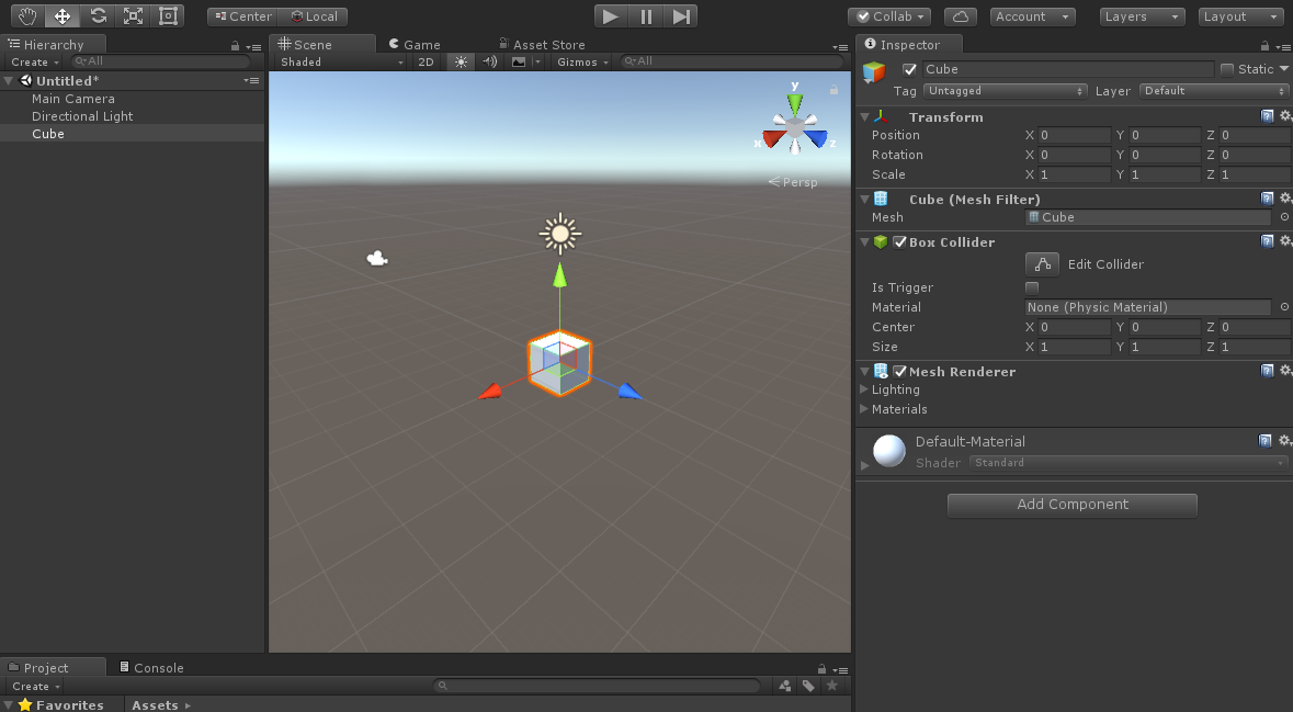 Unity com o cubo criado: o item Cube na Hierarchy e o cubo com borda laranja no centro da Scene, com o Inspector à direita