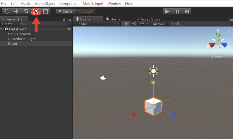 Unity com o cubo selecionado e a ferramenta Scale, a quarta da barra de ferramentas, destacada com moldura e seta vermelhas