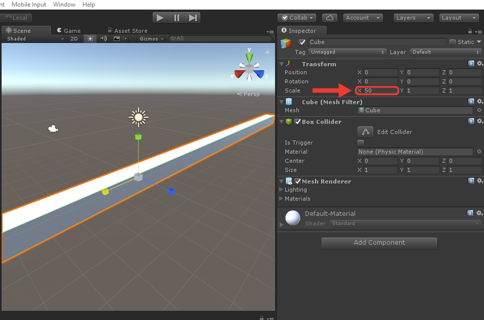 Painel Inspector do Unity com o grupo Transform. O campo X da linha Scale, com o valor 50, é destacado com moldura e seta vermelhas; ao lado, o cubo esticado na Scene