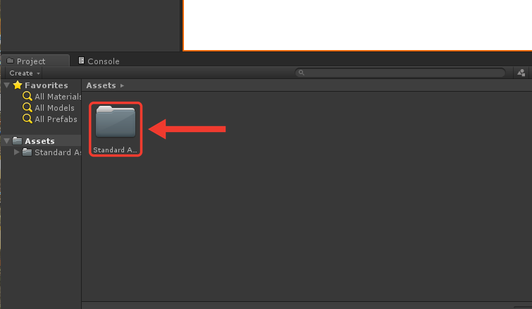 Painel Project do Unity com a pasta Standard Assets dentro de Assets, destacada com moldura e seta vermelhas