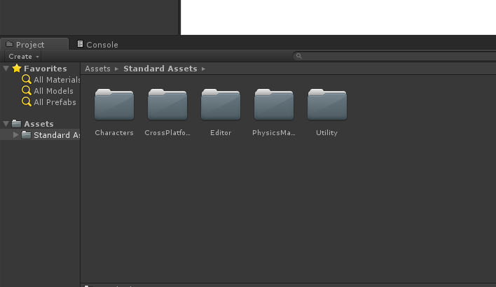 Painel Project com o conteúdo de Standard Assets: as pastas Characters, CrossPlatformInput, Editor, PhysicsMaterials e Utility