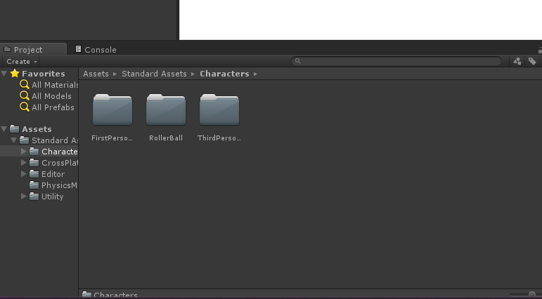 Painel Project com a pasta Characters aberta, mostrando as pastas FirstPersonCharacter, RollerBall e ThirdPersonCharacter