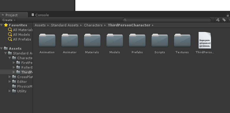 Painel Project com a pasta ThirdPersonCharacter aberta, mostrando as pastas Animation, Animator, Materials, Models, Prefabs, Scripts e Textures e um arquivo de texto