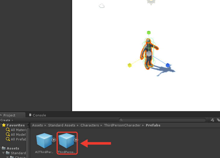 O prefab ThirdPersonController, destacado com moldura e seta vermelhas na pasta Prefabs, e o personagem já colocado na Scene, selecionado com borda laranja