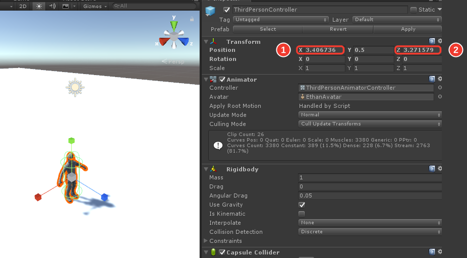 Inspector do ThirdPersonController com a linha Position em X 3.406736, Y 0.5 e Z 3.271579. Os campos X (1) e Z (2) estão destacados com molduras e números vermelhos; ao lado, o personagem na Scene