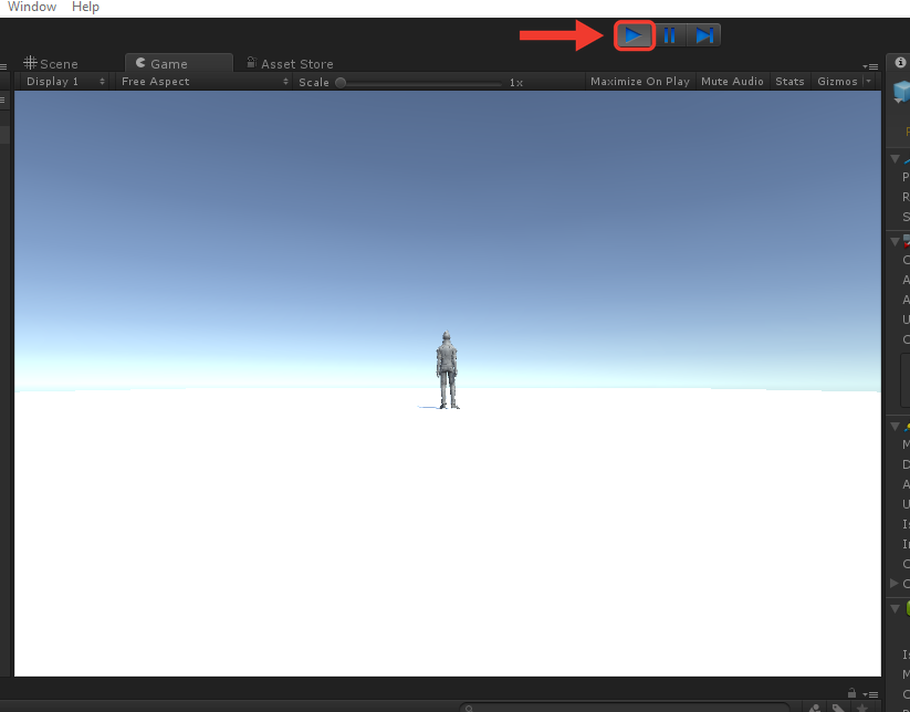 Unity com o jogo rodando na aba Game: o personagem, de costas, em pé sobre o chão branco. O botão Play, azul, está destacado com moldura e seta vermelhas