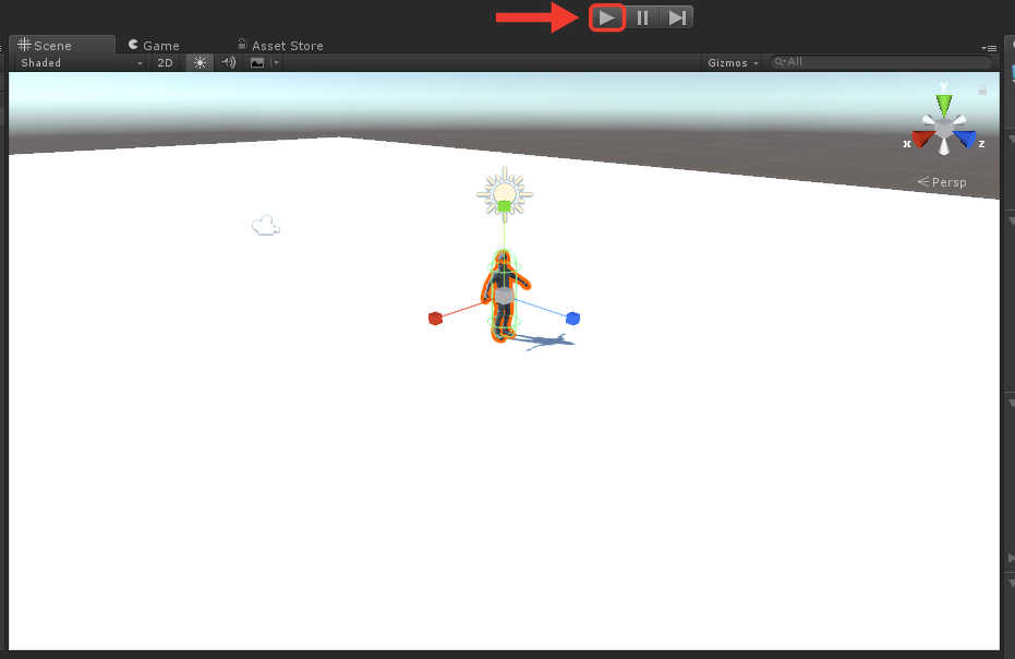 Unity de volta à aba Scene, com o jogo parado e o personagem selecionado no centro do chão. O botão Play, cinza, está destacado com moldura e seta vermelhas