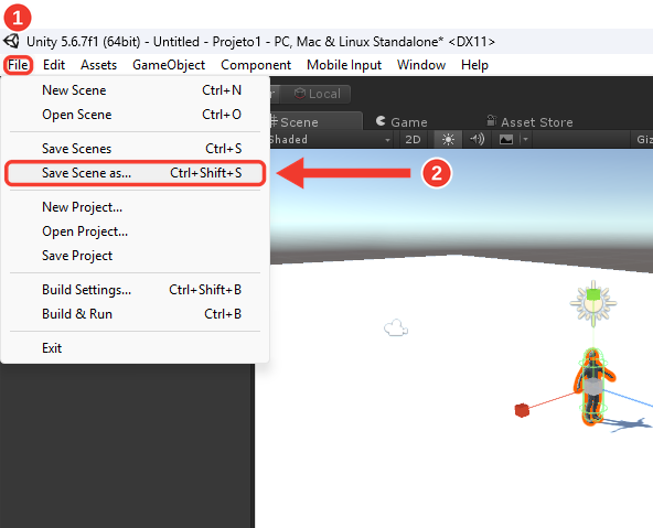 Menu File aberto no Unity, com as opções File (1) e Save Scene as... (2) destacadas por molduras e números vermelhos