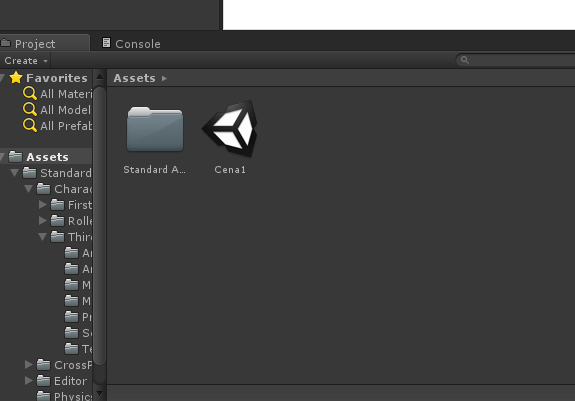 Painel Project com a pasta Assets mostrando a pasta Standard Assets e o arquivo de cena Cena1, com o ícone do Unity
