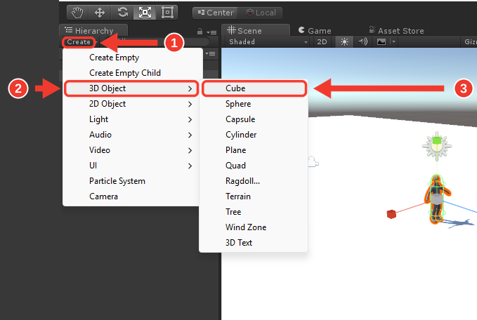 Menu Create do painel Hierarchy aberto, com o submenu 3D Object à direita. Marcações vermelhas numeradas destacam Create (1), 3D Object (2) e Cube (3)