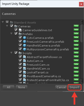 Janela Import Unity Package com a lista de arquivos do pacote Cameras, todos marcados e com a etiqueta NEW: pasta Prefabs com CctvCamera, FreeLookCameraRig, HandheldCamera e MultipurposeCameraRig, e pasta Scripts. Uma moldura e uma seta vermelhas destacam o botão Import, no canto inferior direito