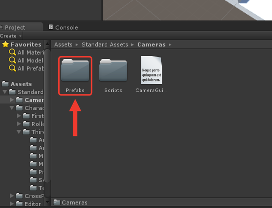 Painel Project com a pasta Cameras aberta, mostrando as pastas Prefabs e Scripts e o arquivo de texto CameraGuidelines. Uma moldura e uma seta vermelhas destacam a pasta Prefabs