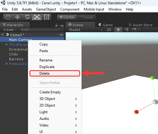 Hierarchy com a Main Camera selecionada e o menu de clique direito aberto, com Copy, Paste, Rename, Duplicate, Delete e outras opções. Uma moldura e uma seta vermelhas destacam a opção Delete