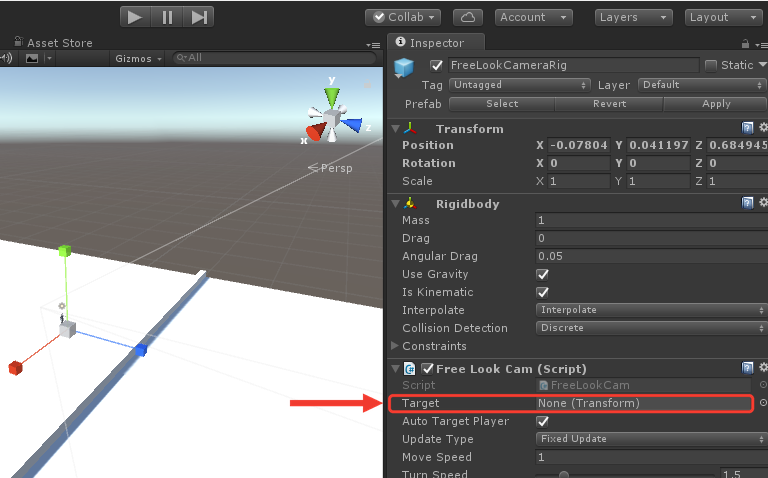 Inspector da FreeLookCameraRig com Transform, Rigidbody e Free Look Cam (Script). O campo Target, com None (Transform), é destacado com moldura e seta vermelhas