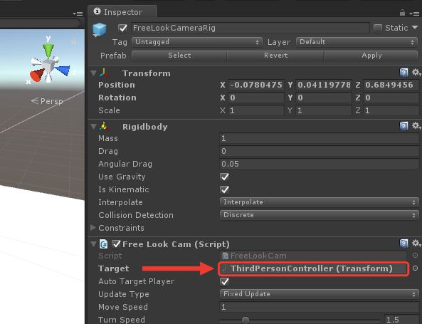 Inspector da FreeLookCameraRig com o campo Target preenchido com ThirdPersonController (Transform). Uma moldura e uma seta vermelhas destacam o campo Target