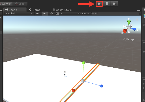 Scene do Unity com a barreira fina e selecionada atravessando o chão e o personagem pequeno atrás dela. Uma moldura e uma seta vermelhas destacam o botão Play, na barra superior