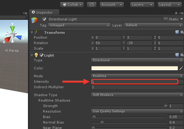 Inspector da Directional Light com o grupo Light: Type Directional, Color, Mode Realtime, Intensity 1 e Shadow Type Soft Shadows. O campo Intensity é destacado com moldura e seta vermelhas