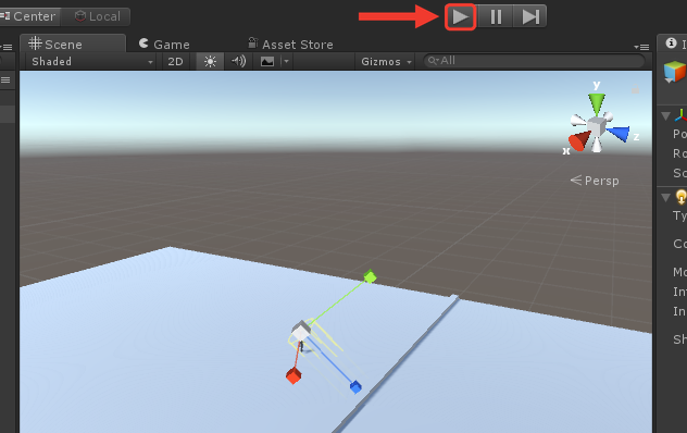 Scene do Unity com o chão azul clarinho, a barreira fina e o personagem. Uma moldura e uma seta vermelhas destacam o botão Play, na barra superior