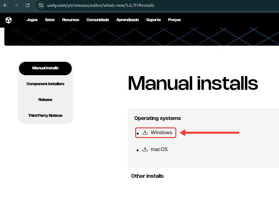 Página Manual installs da versão 5.6.7f1 no site da Unity, com a lista Operating systems. Uma seta e uma moldura vermelha destacam a opção Windows