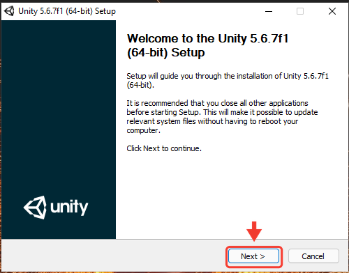 Janela de boas-vindas do instalador do Unity 5.6.7f1. Uma seta e uma moldura vermelha destacam o botão Next