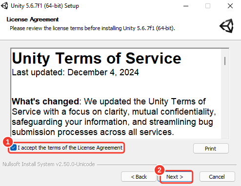 Tela License Agreement com os termos de uso da Unity. Molduras vermelhas numeradas destacam a caixa I accept the terms of the License Agreement (1) e o botão Next (2)