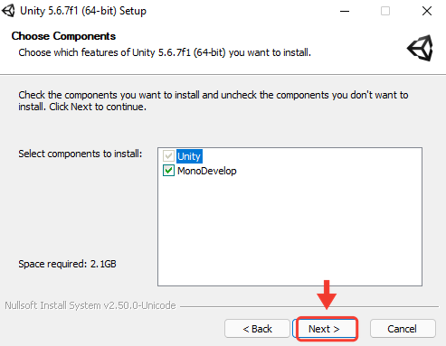 Tela Choose Components com as opções Unity e MonoDevelop marcadas e o espaço necessário de 2.1GB. Uma seta e uma moldura vermelha destacam o botão Next