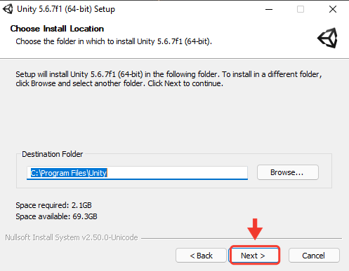 Tela Choose Install Location com a pasta C:\Program Files\Unity no campo Destination Folder. Uma seta e uma moldura vermelha destacam o botão Next