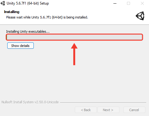 Tela Installing com a barra de progresso no começo. Uma seta e uma moldura vermelha destacam a barra