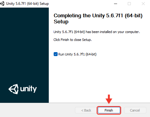 Tela final do instalador com a caixa Run Unity 5.6.7f1 marcada. Uma seta e uma moldura vermelha destacam o botão Finish