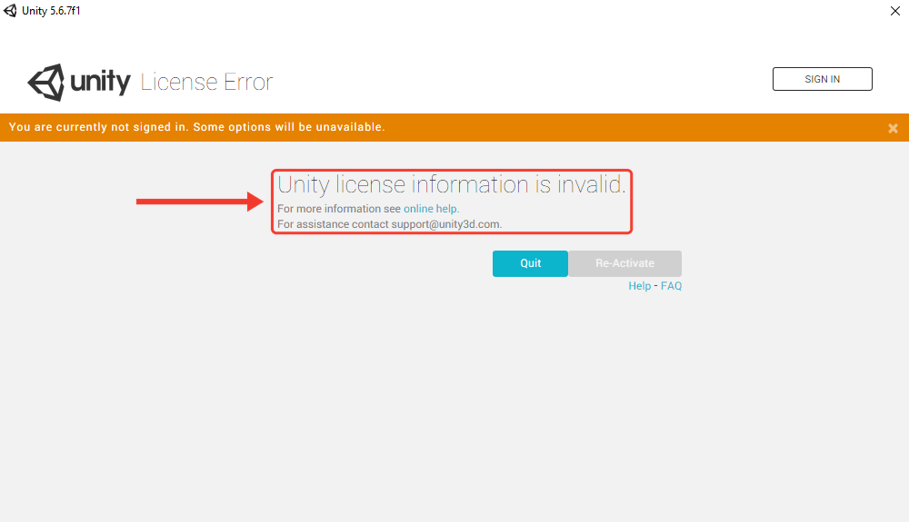 Tela License Error do Unity com a mensagem Unity license information is invalid e os botões Quit e Re-Activate. Uma seta e uma moldura vermelha destacam a mensagem