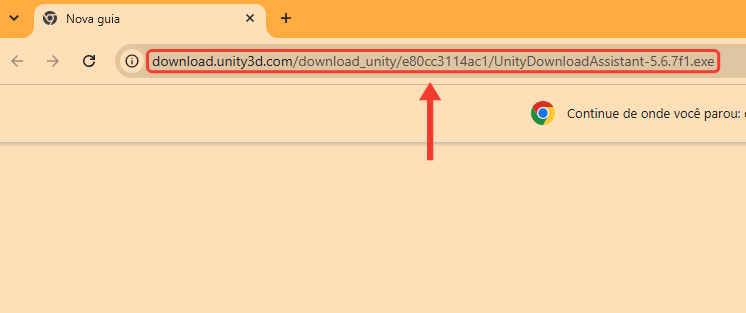Navegador com o endereço download.unity3d.com/download_unity/e80cc3114ac1/UnityDownloadAssistant-5.6.7f1.exe na barra de endereço. Uma seta e uma moldura vermelha destacam o endereço