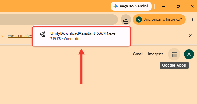 Lista de downloads do navegador com o arquivo UnityDownloadAssistant-5.6.7f1.exe, 719 KB, Concluído. Uma seta e uma moldura vermelha destacam o arquivo
