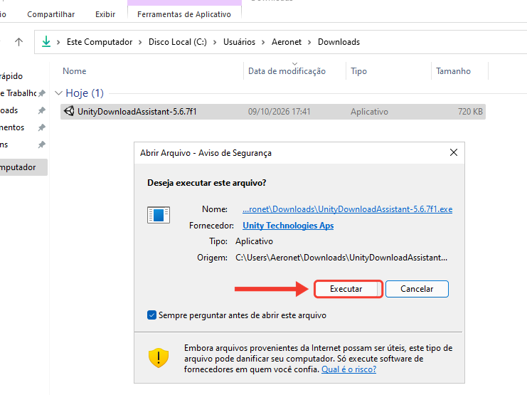 Janela Abrir Arquivo - Aviso de Segurança do Windows, com o fornecedor Unity Technologies Aps. Uma seta e uma moldura vermelha destacam o botão Executar