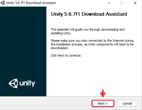 Janela de boas-vindas do Unity 5.6.7f1 Download Assistant. Uma seta e uma moldura vermelha destacam o botão Next