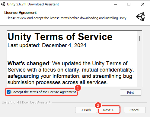 Tela License Agreement do Download Assistant. Molduras vermelhas numeradas destacam a caixa I accept the terms of the License Agreement (1) e o botão Next (2)