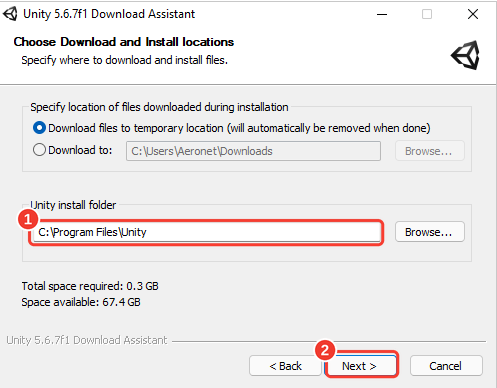 Tela Choose Download and Install locations com a pasta C:\Program Files\Unity em Unity install folder. Molduras vermelhas numeradas destacam o campo Unity install folder (1) e o botão Next (2)