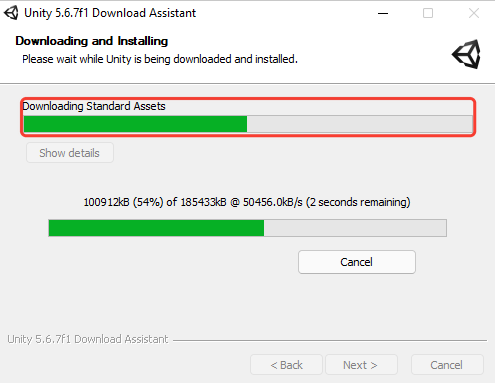 Tela Downloading and Installing com o download dos Standard Assets em 54%. Uma moldura vermelha destaca a barra Downloading Standard Assets