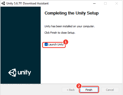 Tela final Completing the Unity Setup com a caixa Launch Unity marcada. Molduras vermelhas numeradas destacam a caixa Launch Unity (1) e o botão Finish (2)