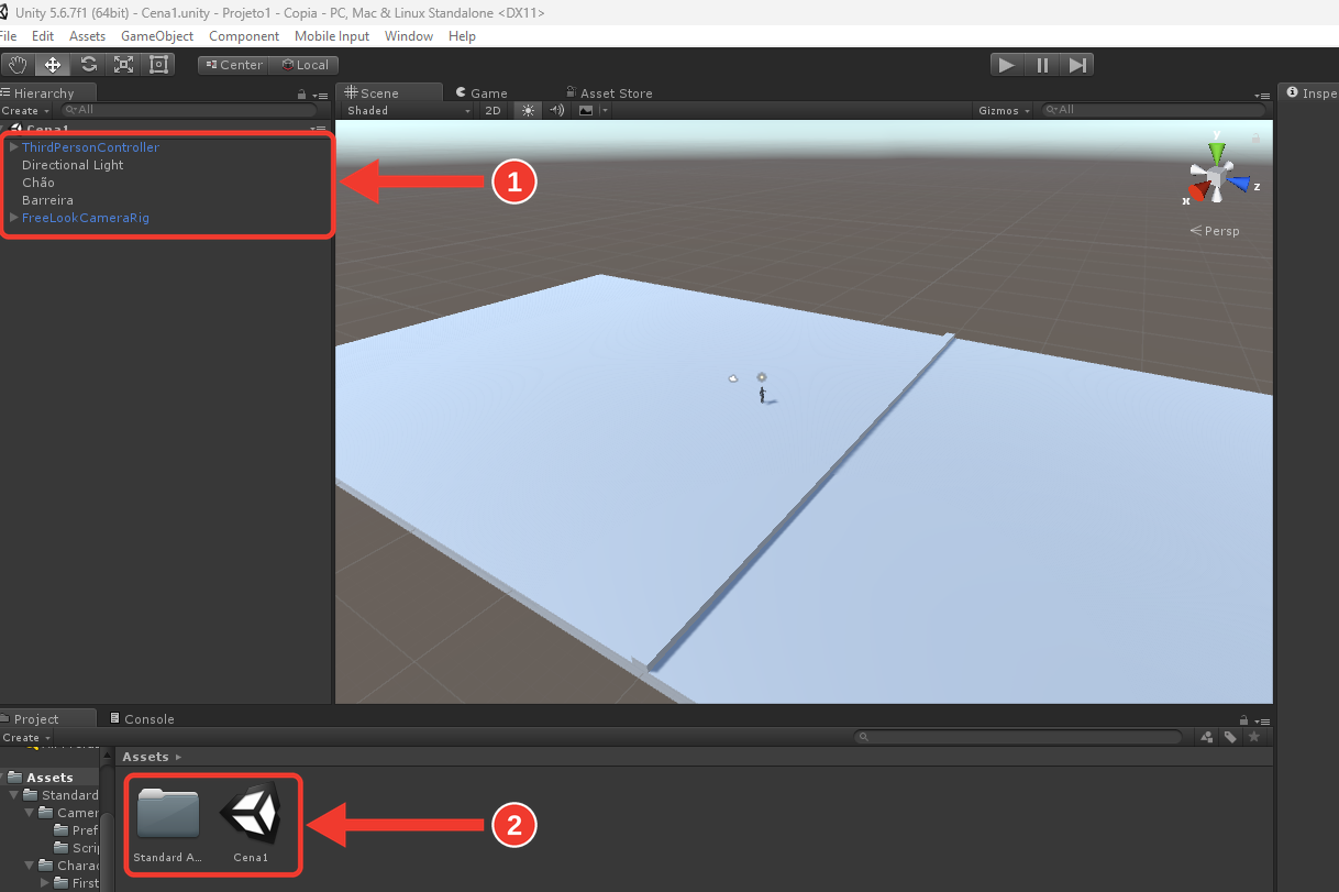 Unity com a Cena1 aberta: na Hierarchy, ThirdPersonController, Directional Light, Chão, Barreira e FreeLookCameraRig; na Scene, o chão com a barreira e o personagem; no painel Project, a pasta Assets com a Standard Assets e a Cena1. Molduras e setas vermelhas numeradas destacam a lista da Hierarchy (1) e o conteúdo da pasta Assets (2)