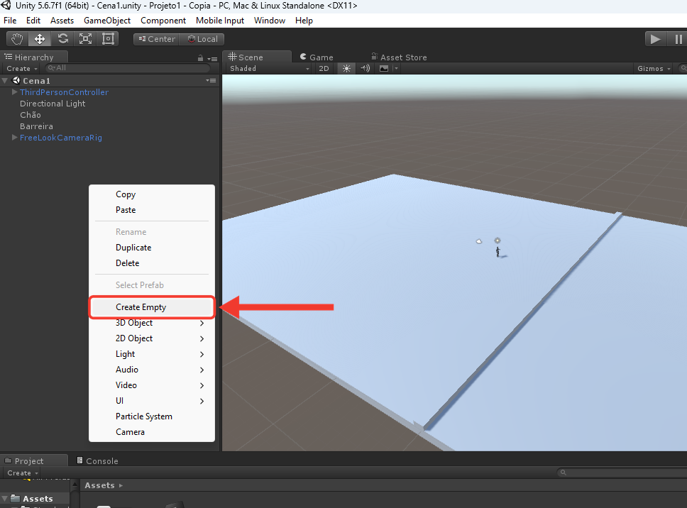 Menu que abre ao clicar com o botão direito num espaço vazio da Hierarchy, com as opções Copy, Paste, Rename, Duplicate, Delete, Select Prefab, Create Empty, 3D Object, 2D Object, Light, Audio, Video, UI, Particle System e Camera. Uma seta e uma moldura vermelha destacam Create Empty
