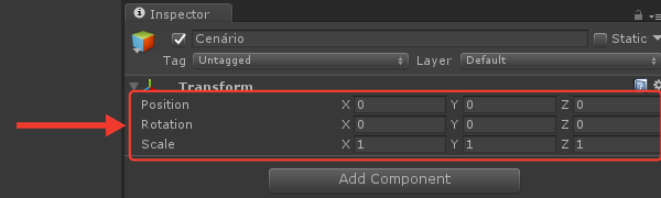 Inspector do objeto Cenário, com o grupo Transform: Position X 0, Y 0, Z 0; Rotation X 0, Y 0, Z 0; Scale X 1, Y 1, Z 1. Uma seta e uma moldura vermelha destacam as três linhas