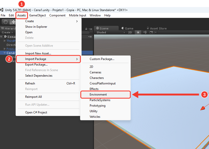 Menu Assets aberto no Unity, com o submenu Import Package à direita, listando 2D, Cameras, Characters, CrossPlatformInput, Effects, Environment, ParticleSystems, Prototyping, Utility e Vehicles. Marcações vermelhas numeradas destacam Assets (1), Import Package (2) e Environment (3)