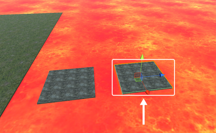 Scene com o chão verde, a Plataforma1 e a Plataforma2 selecionada sobre a lava, com um espaço entre as duas. Uma moldura e uma seta brancas destacam a Plataforma2